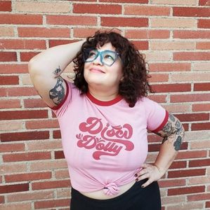 "DISCO DOLLY" Cherry Pink Short Sleeve Ringer Tee